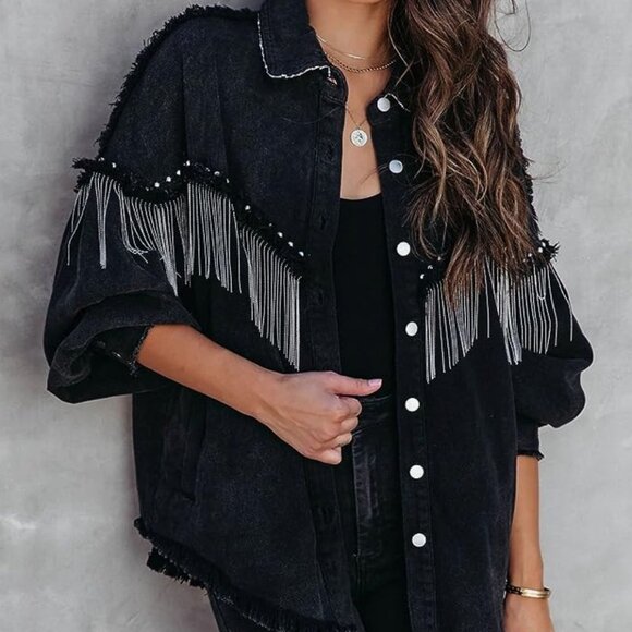 Jackets & Blazers - Black Denim‎ Jacket Fringe Distressed Tassel Studded Jean Jacket Shacket Top